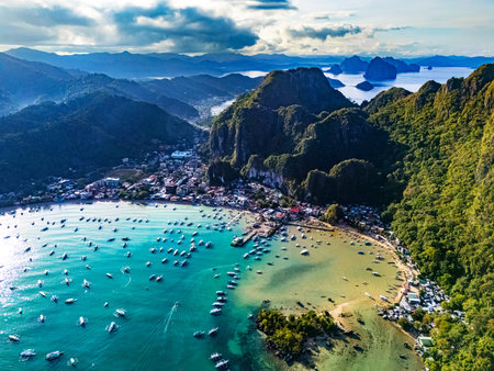 Aerial view of El Nido in the north of the Palawan Island, Philippinesの写真素材