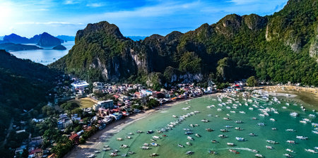 Aerial view of El Nido in the north of the Palawan Island, Philippinesの写真素材