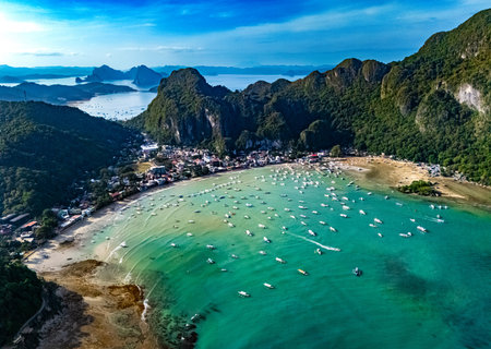 Aerial view of El Nido in the north of the Palawan Island, Philippinesの写真素材