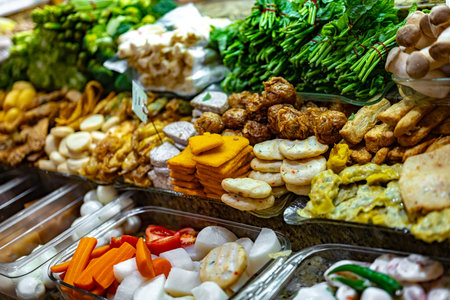 Traditional Asian dishes sold in a shopping mall food court in Singapore.の写真素材