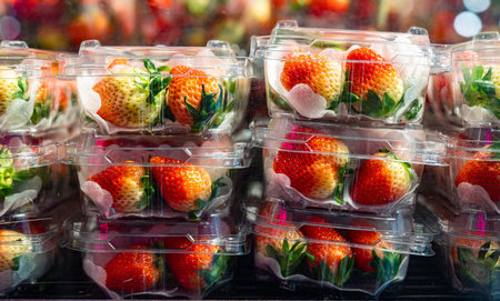 Plastic boxes with fresh strawberries for sale in a supermarket.の写真素材