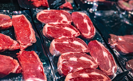 Meat products put up for sale in a supermarket commercial refrigeratorの写真素材