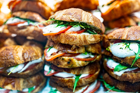 Freshly prepared sandwiches sold in a fast food restaurant.の写真素材