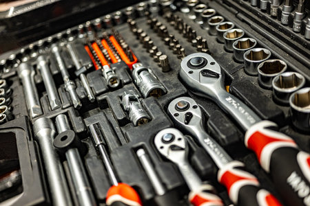Toolkit put up for sale in a hardware store.の写真素材