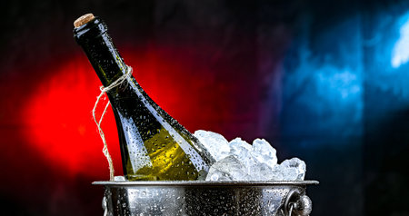 Bottle of wine in bucket with crushed ice.の写真素材