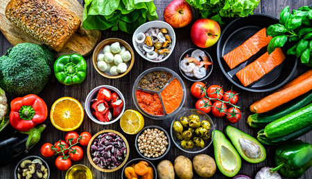Food products representing the Mediterranean diet.の写真素材