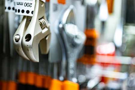 Tools put up for sale in a hardware storeの写真素材