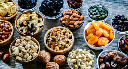 Composition with a variety of dried fruits and assorted nuts. Delicacies.