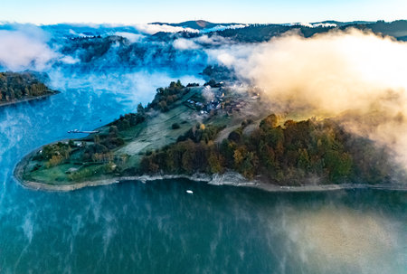 Aerial view of Lake Solina near the village of Zawoz in Bieszczady Mountains, Polandの写真素材