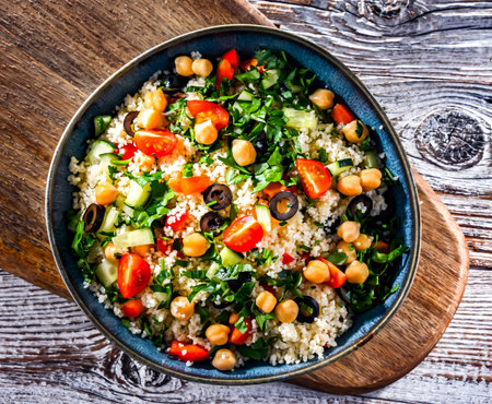 A plate of couscous served with vegetables and chickpeasの写真素材