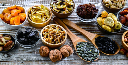 Composition with a variety of dried fruits and assorted nuts. Delicacies.の写真素材