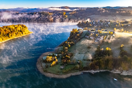 Aerial view of Lake Solina near the village of Zawoz in Bieszczady Mountains, Polandの写真素材