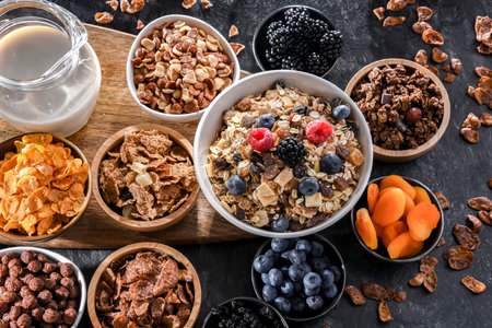 Composition with different sorts of breakfast cereal products and fresh fruits