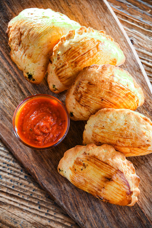 Composition with a dish of oven-baked dumplingsの写真素材
