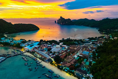 Sunset on Phi Phi Island in the Krabi Province, Thailandの写真素材