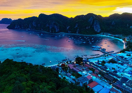 Sunset on Phi Phi Island in the Krabi Province, Thailandの写真素材