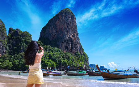 Young woman on Railay Beach near Ao Nang, Krabi, Thailand.の写真素材