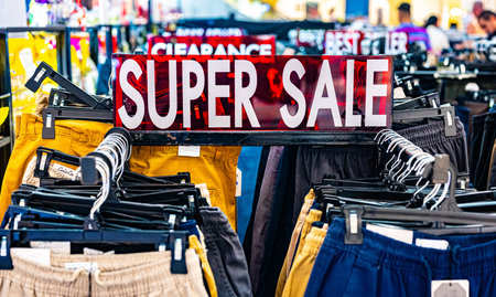 A sign with a seasonal price reduction at a clothing store.の写真素材