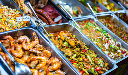 Thai street food sold at Banzaan Fresh Market in Patong, Phuket, Thailandの写真素材