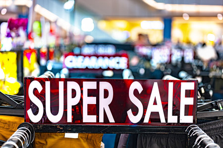 A sign with a seasonal price reduction at a clothing store.の写真素材