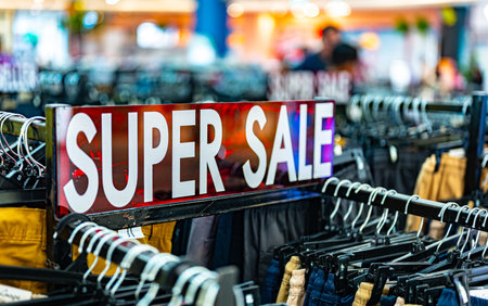 A sign with a seasonal price reduction at a clothing store.の写真素材