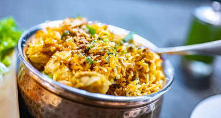 Chicken biryani served in indian restaurant.