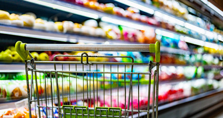 A shopping cart by a store shelf in a supermarketの写真素材