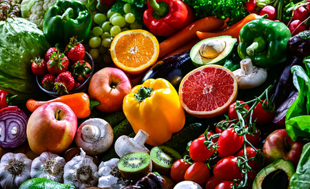 Variety of raw vegetables and fruits. Vegetarian diet.