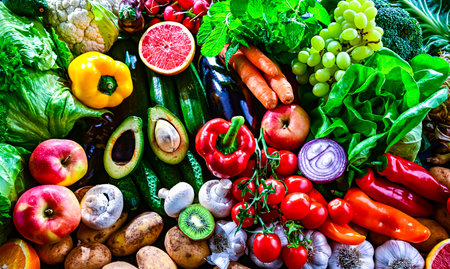 Variety of raw vegetables and fruits. Vegetarian diet.