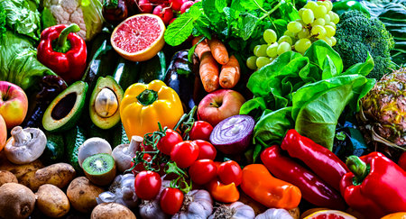 Variety of raw vegetables and fruits. Vegetarian diet.