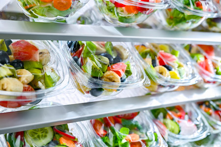 Plastic boxes with pre-packaged fruit and vegetable salads, put up for sale in a commercial refrigeratorの写真素材