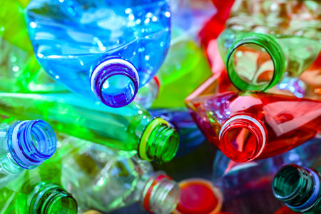 Empty colored drink bottles. Recyclable plastic waste.の写真素材