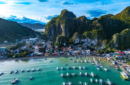 Aerial view of El Nido in the north of the Palawan Island, Philippinesの写真素材