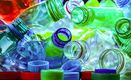 Empty colored drink bottles. Recyclable plastic waste.