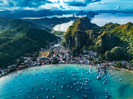 Aerial view of El Nido in the north of the Palawan Island, Philippinesの写真素材