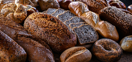 Assorted bakery products including loaves of bread and rolls.