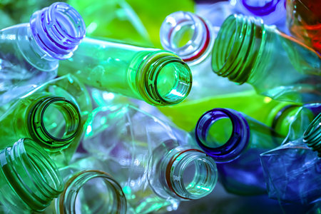 Empty colored drink bottles. Recyclable plastic waste.