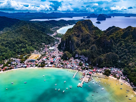 Aerial view of El Nido in the north of the Palawan Island, Philippinesの写真素材