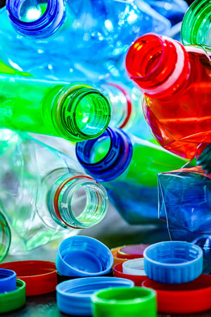 Empty colored drink bottles. Recyclable plastic waste.の写真素材