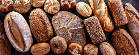 Assorted bakery products including loaves of bread and rolls.