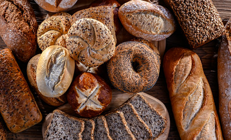 Assorted bakery products including loaves of bread and rolls.