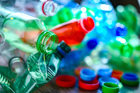 Empty colored drink bottles. Recyclable plastic waste.の写真素材