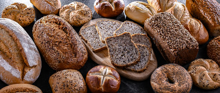 Assorted bakery products including loaves of bread and rolls.