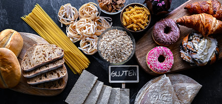 Composition with variety of food products containing gluten.の写真素材