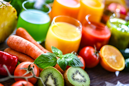 Glasses with fresh organic vegetable and fruit juices. Detox dietの写真素材