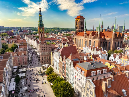 Architecture of old town in Gdansk with Main City Hall on Dluga street, Pomeranian Voivodeship,...