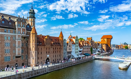 Architecture of old town in Gdansk with Crane Gate on the Motlawa river, Pomeranian Voivodeship,...