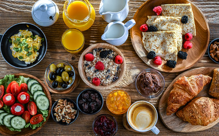 Breakfast served with coffee, orange juice, croissants, cereals, scrambled eggs and pancakes.の写真素材