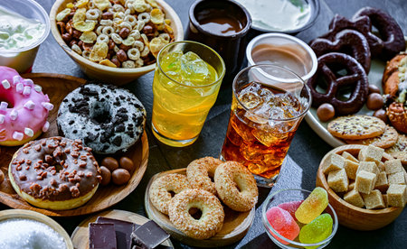 Food products high in added sugar. Junk food.の写真素材