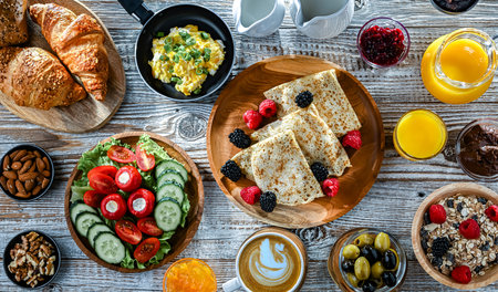 Breakfast served with coffee, orange juice, croissants, cereals, scrambled eggs and pancakes.の写真素材